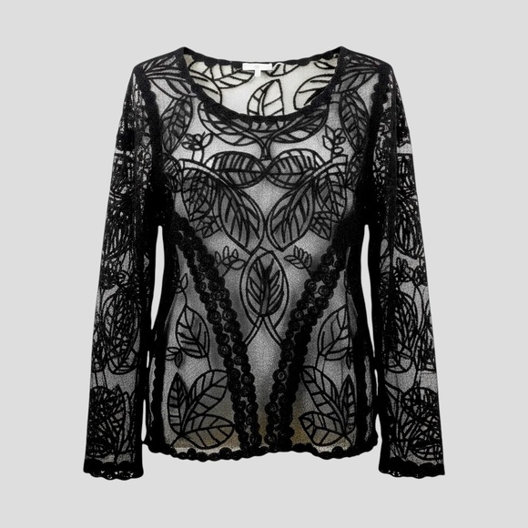 Capri Tops - Capri Womens XL Sheer Embroidered Mesh Lace Top Y2K Whimsigoth Dark Romantic